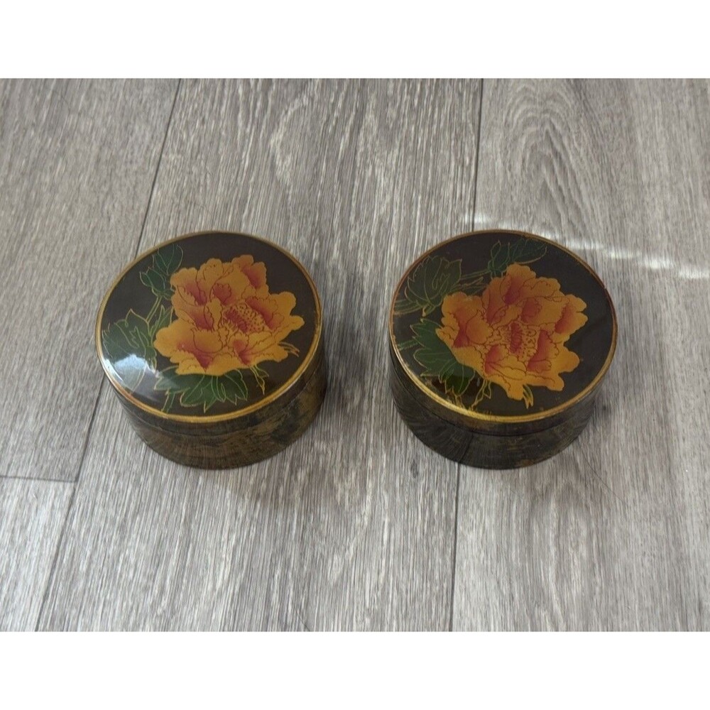 VTG Lacquered Dark Floral Nesting Trinket Boxes 2 Pc Velvet Lined Valentines Red